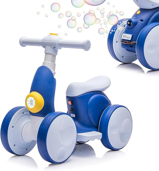 6V Electric Baby Balance Bike with Bubble Machine,4 in 1 Toddler Balance Bike w/Remote Control for 1 Year Old Boys Girls Kids Bubble Bike Ride on Toys w/Powered Motor,Music,LED Lights (Blue)-CubbioJoy