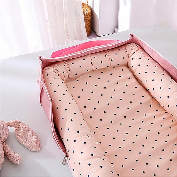 Baby Lounger for Newborn Portable Bag,Baby Nest Play Gym mat with Strap,Newborn Lounger Adjustable Size & Inner Zipper Lengthen Space to 24 Months(Pink Polka Dots)-CubbioJoy