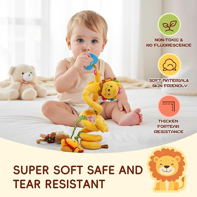 Jollybaby Crib Stroller Car Seat Toys for Baby 0-3-6-9-12 Months, Tummy Time Hanging Sensory Toys for Newborn with Music Box and Teether, Spiral Carseat Toy for Infant Boys Girls Gifts (Little Lion)-CubbioJoy
