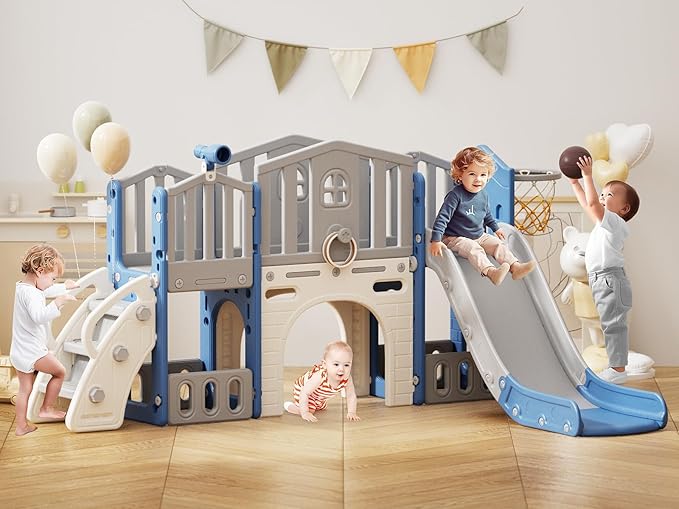 8 in 1 Toddler Slide Set, Kids Slide for Toddlers Age 1-3, Toddler Climber Slide PlaySet with Basketball Hoop and Ball, Outdoor Indoor Kids Playground for Toddlers 1-3, Blue Grey-CubbioJoy