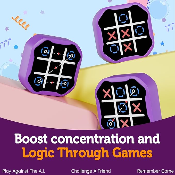 3 in 1 Electronic Tic Tac Toe Game, Handheld Digital Tic Tac Toe Bolt Game with Silent Mode, Portable Learing Toy Gift for Kids & Adults, Purple(One Pack)-CubbioJoy