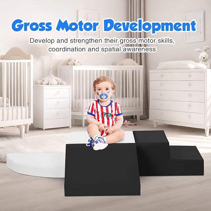 4-Piece Soft PU Leather Toddlers Climbing Toys, Baby Foam Climbing Blocks for Toddlers 3, Indoor Climb and Crawl Activity Play Set, Foam Play Gym Climbing Structures (Black and White)-CubbioJoy