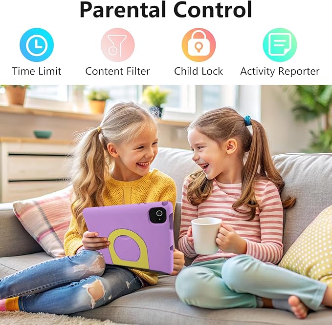JREN Kids Table 10.1" ｜Android 14 Tablet for Kids｜64GB Storage｜Octa-Core｜WiFi ｜Cameras｜Parental Control｜Kids Content｜Case Included Great Gift for Children Ages 3-12 Years Old Purple-CubbioJoy