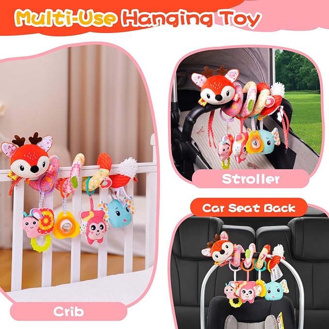 Car Seat Toys, Cute Deer Car Seat Toys for Babies 0-6 Months Boy, Stroller Toys with Crinkle, Teether, Music Box, Rattle, BB Squeaker for 0 3 6 9 12 Months Babies Infant Boys Girls Gifts (Cute Deer)-CubbioJoy