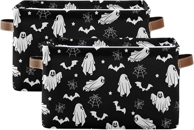 Collapsible Storage Basket Bin Happy Halloween Organizer Cube with Handle, Canvas, Black-CubbioJoy