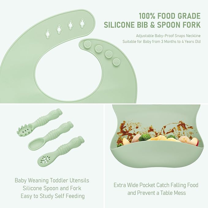 Baby Weaning Set, Silicone Feeding Set(10 Pcs), Toddler Set with Adjustable Bib, Suction Bowl, Plate, Fork, Spoon, Water & Snack Cup Kit, Led Kit for Babies, and Kids Green GJTZ-04-CubbioJoy