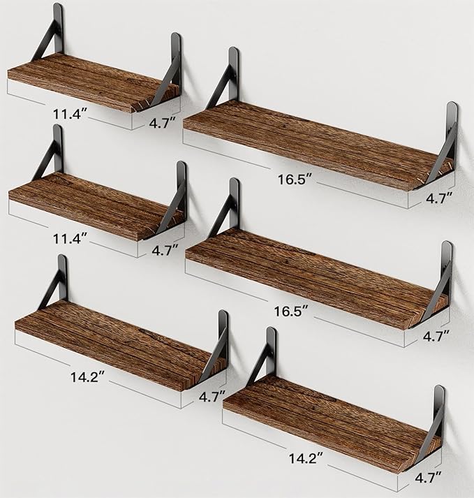 AMADA HOMEFURNISHING Wall Shelves Set of 6, Rustic Farmhouse Floating Shelves for Bedroom, Bathroom & Living Room, Brown Wood-CubbioJoy