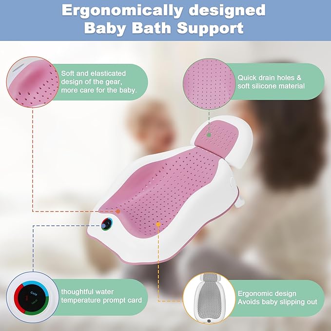 Baby Bath Support,Ideal for Babies Less Than 6 Months Old,with Thermometer-Adjustable Slope Newborn Bathtub, Baby tubs for Baby tubs for Newborn Essentials Must Haves (Pink)-CubbioJoy