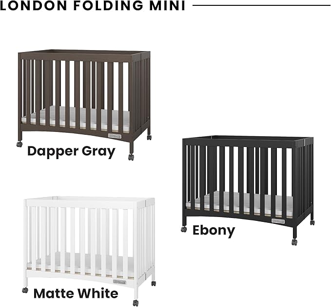 Child Craft London Mini Compact Folding Portable Crib with 2” Crib Mattress and 2 Easy Roll Locking Wheels, Durable Pine Wood Construction (Ebony Black)-CubbioJoy