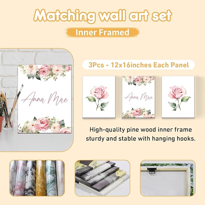 Custom Crib Bedding Set - 5 Pcs Personalized Name Pink Flowers Baby Crib Set for Infant Toddler Girl - Comfortable Double Layer Nursery Bedding Set - Customized Present for Birthday Baby Shower-CubbioJoy