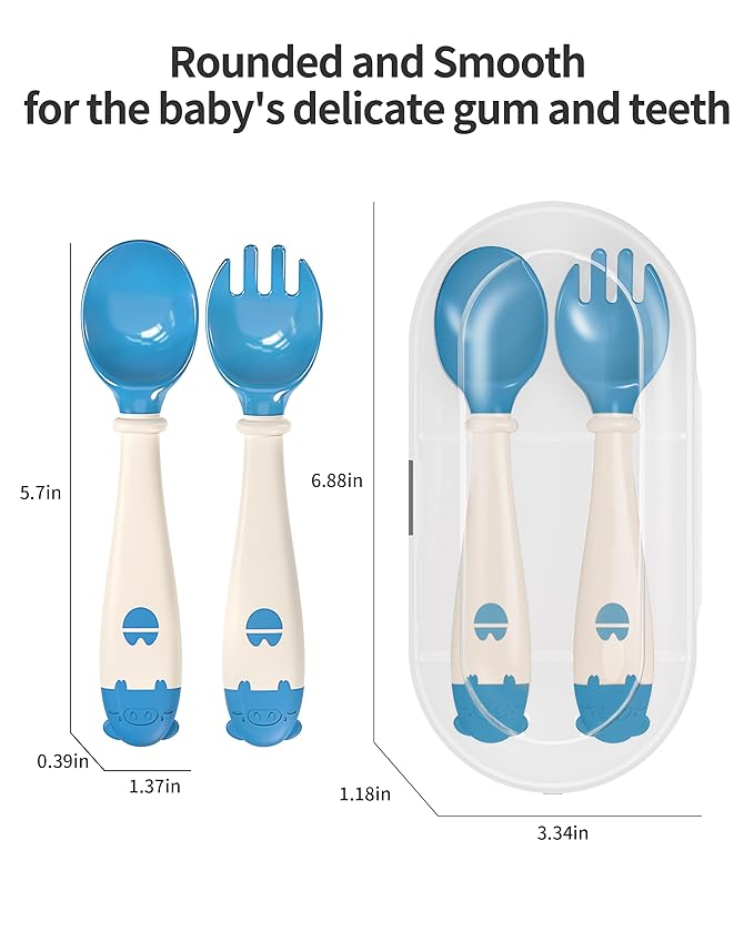 Deejoy Toddler Utensils, Self-feeding Flatware Set withTravel Case, Baby Spoons and Forks with Silicone Bendable Handle, Easy Grip Heat-Resistant, Ideal for Kids, Stage 2 (Blue)-CubbioJoy