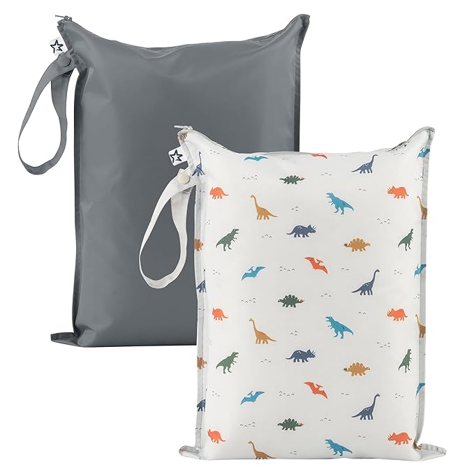 Tiny Twinkle Mess-Proof Waterproof Wet Dry Bag | 2-Pack Reusable Wet Bags for Swimsuits & Baby Clothes | Leakproof Wet Bag for Travel & Diaper Changes for Baby (Dinosaur)-CubbioJoy