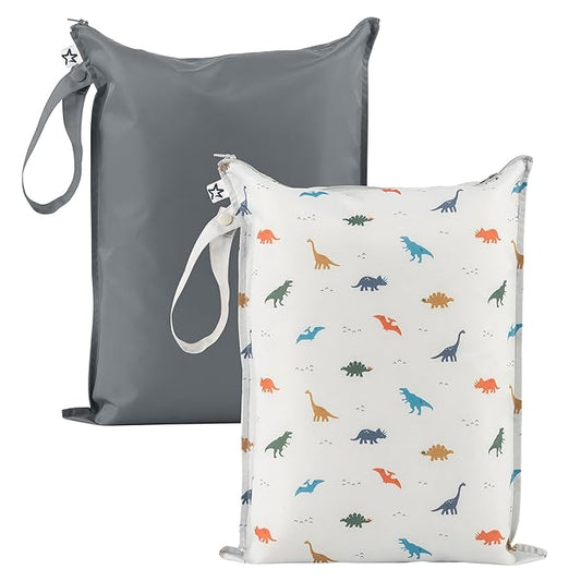 Tiny Twinkle Mess-Proof Waterproof Wet Dry Bag | 2-Pack Reusable Wet Bags for Swimsuits & Baby Clothes | Leakproof Wet Bag for Travel & Diaper Changes for Baby (Dinosaur)-CubbioJoy