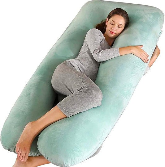 Amagoing 55 inches Pregnancy Pillows for Sleeping, U Shaped Maternity Full Body Pillow for Pregnant Women with Hip, Leg, Back, Belly Support, Washable Velvet Cover Included (Mint Green)-CubbioJoy