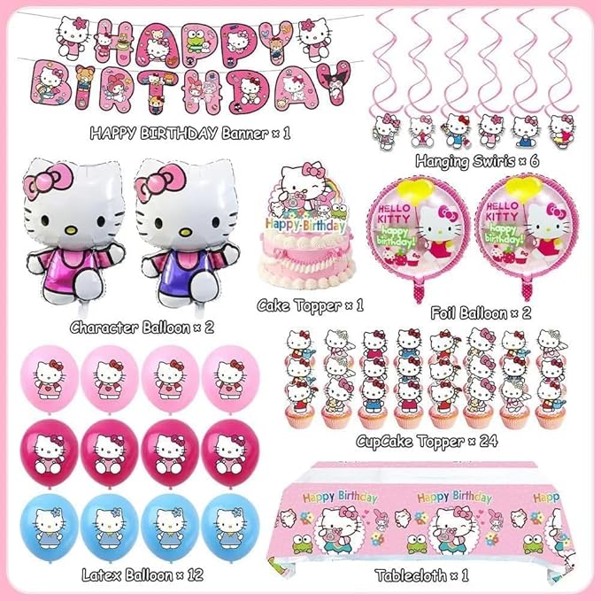 49Pcs - Kitty Birthday Party Decorations Set, Pink Theme with Banner, Balloons, Tablecloth, Cake Toppers.-CubbioJoy