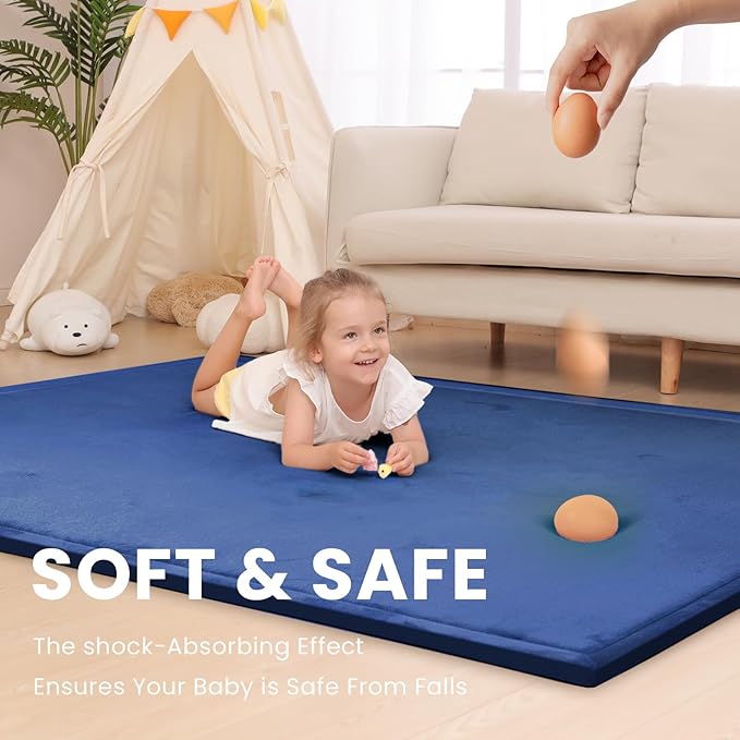 Baby Play Mat for Floor,1.3" Thick Memory foam Tummy Time Mat,Soft Coral Velvet Nursery Rug,Extra Large Non Slip Crawling Mat for Toddlers,Infants,kids,Yoga Mat,Tatami Mat for Living Room(Royal Blue)-CubbioJoy