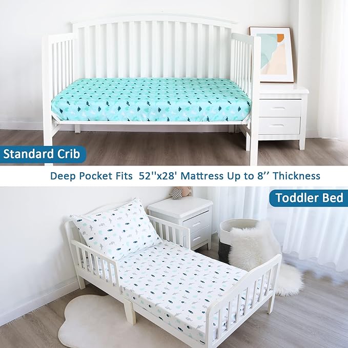 Crib Sheets for Boys or Girls 4-Pack, Fitted Crib Sheet 52'' x 28'' for Standard Crib & Toddler Mattress, Soft and Breathable Material, Baby Crib Sheets Neutral, Dinosaurs & Ocean-CubbioJoy