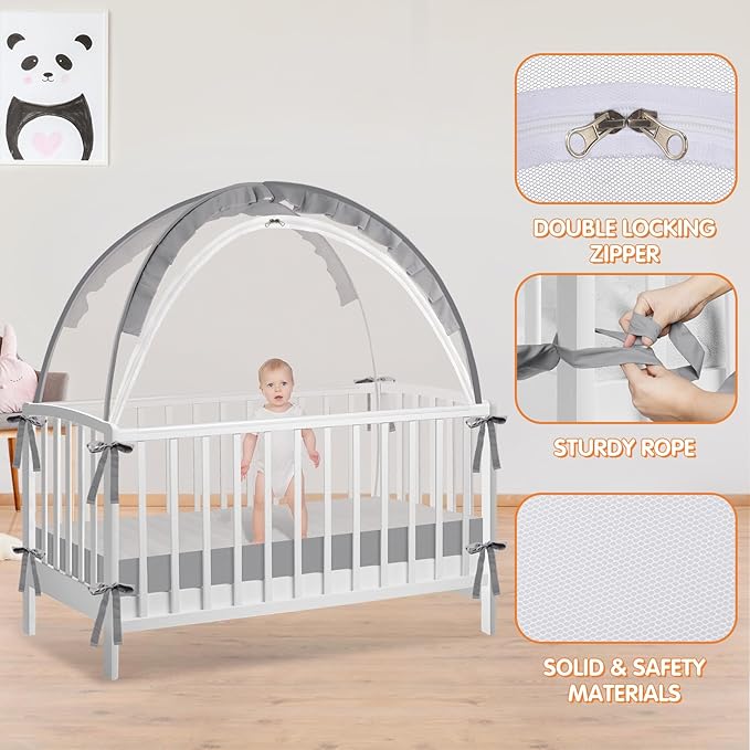 Crib Tent to Keep Baby from Climbing Out - Crib Net to Keep Baby in - Pop Up Breathable Cribs Cover - Canopy with Upgrade Strong Mesh and Durable Zipper (Grey, Lager)-CubbioJoy