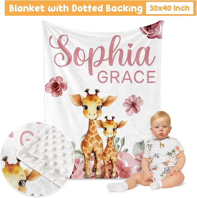 Custom Crib Bedding Set - Giraffe Design Personalized Name Baby Nursery Bed 3 Pcs Set - Chic Soft Blanket with Dotted Backing, Sheet, Pillowcase for Newborn Girls Boys Gifts Color20-CubbioJoy