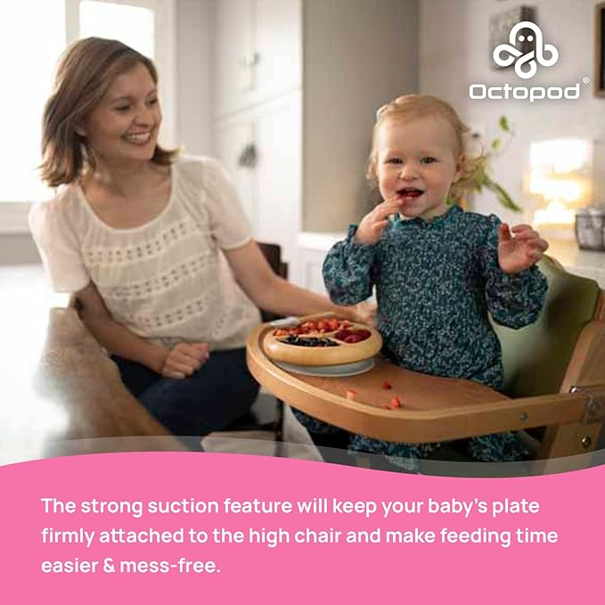 Abiie Octopod Bamboo Dish - Kids Plates for 4 months and up, 3-Compartment Baby Plates with Suction, Triangle Bamboo Baby Plate, Mess-Free Toddler Suction Plates, Baby Feeding Supplies, 8.3x1.9x7.7 in-CubbioJoy
