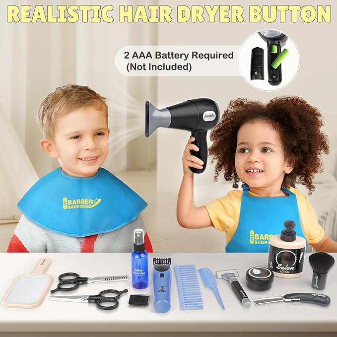 Barber Shop Pretend Play Toy, Kids Hair Salon Toys, Kids Shaving Kit for Boys Ages 3+ with Blow Dryer, Electric Shaver Toys, Tool Bag and Stylist Shave Barber Accessories for Role Play (Black)-CubbioJoy