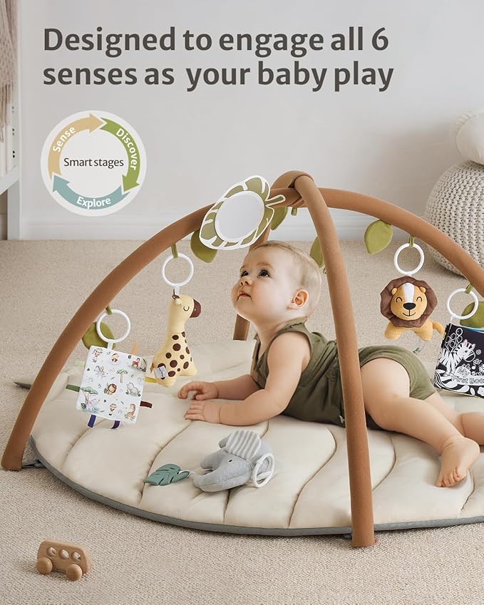 Blissful Diary Baby Play Gym & Activity Mat, Leaf Shaped Baby Tummy Time Play Mat with 6 Detachable Toys, Promotes Motor Skills & Sensory Development, Newborn Baby Essentials Gift, Oatmeal Beige-CubbioJoy