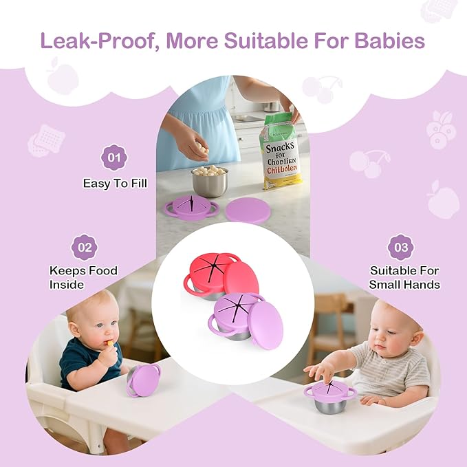2 Pack Snack Cups for Toddlers Spill Proof - Detachable Stainless Steel Toddler Snack Cups with Silicone Lids & Handles - Dishwasher Safe Baby Snack Containers for Mess-Free Snacking (Red and Purple)-CubbioJoy