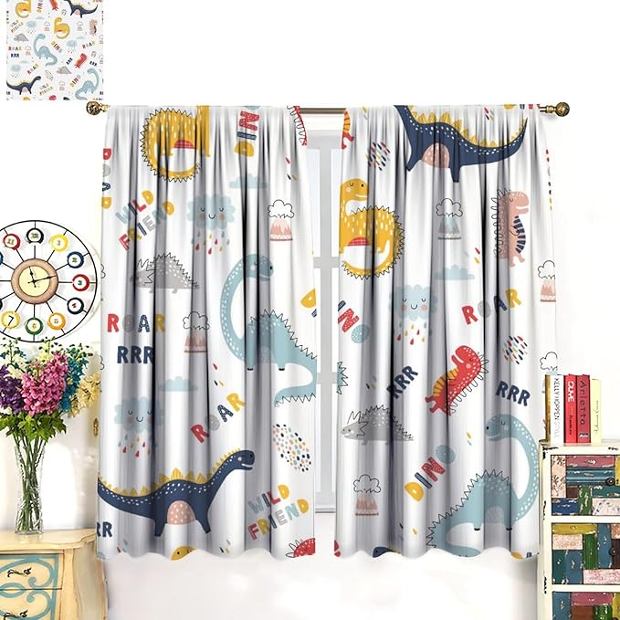 Cartoon Dinosaur Curtains for Kids Boys Girls Home Decor Colorful Cute Dino Animals Print Pattern Rod Pocket Blackout Window Drapes for Nursery Baby Bedroom Playroom W21xL54in 2 Panels-CubbioJoy
