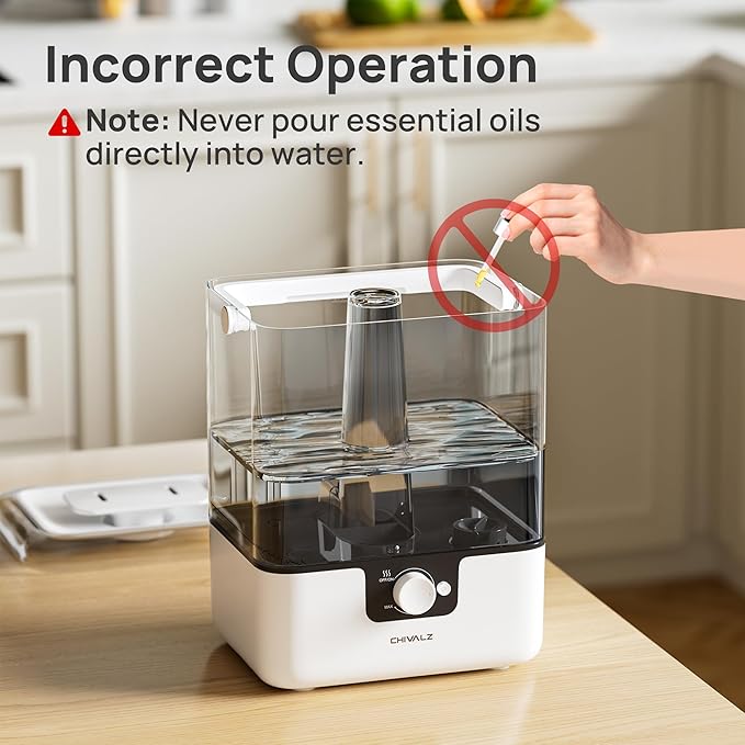 CHIVALZ 6L Humidifiers for Bedroom Large Room Home, Cool Mist Top Fill Humidifiers for Baby Nursery and Plants, 26dB Quiet, Nightlight, Up to 50 Hours, Oil Diffuser 1 Pack + 2 Mist Outlets White-CubbioJoy