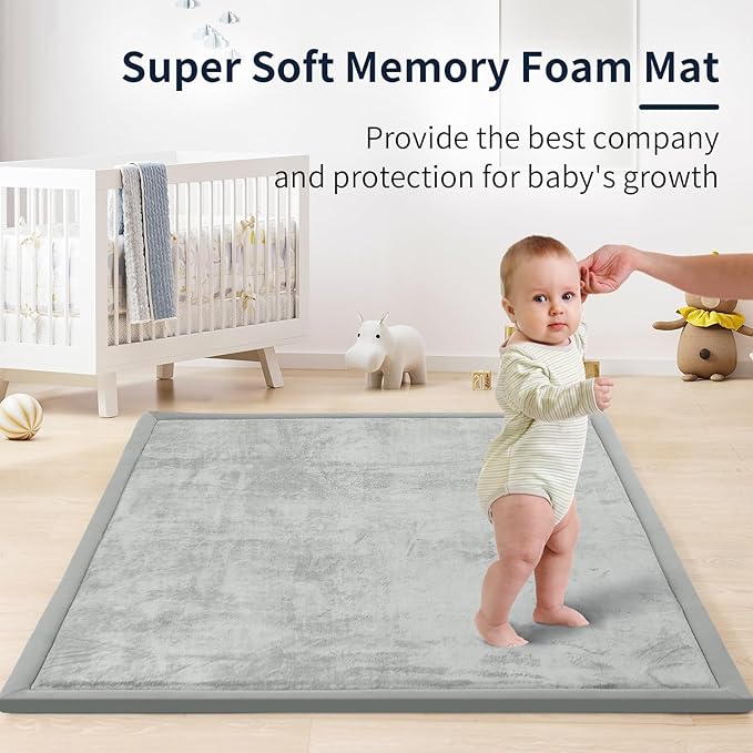 ACOMOPACK Baby Play Mat for Floor 1.3" Thick Memory Foam Play Mat 71"×79" Tummy Time Crawling with Non-Slip Bottom for Living Room,Nursery,Soft Velvet Playpen Mats for Kids,Infants（Light Grey）-CubbioJoy