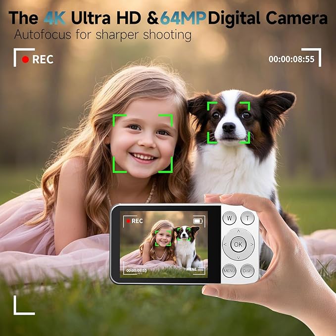 Digital Camera, Autofocus 4K 64MP Point and Shoot Digital Cameras for Teens with 64GB Card, 18X Zoom Anti-Shake Compact Video Camera for Student Kids Boys Girls Beginner - White-CubbioJoy