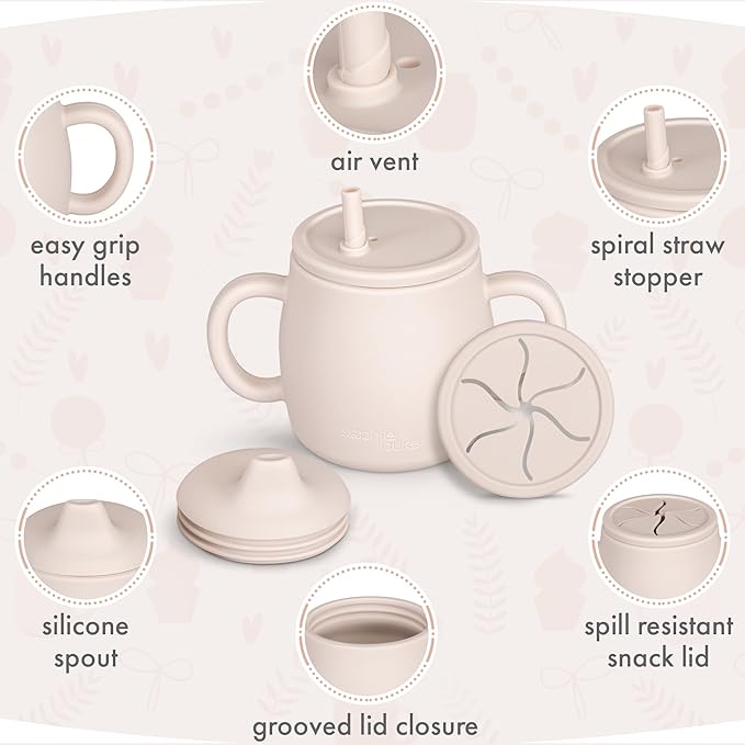 4-in-1 Silicone Sippy Cup with Snack and Straw Lid 6oz | Transition Training Cup for 6+ months to Toddler (Beige)-CubbioJoy