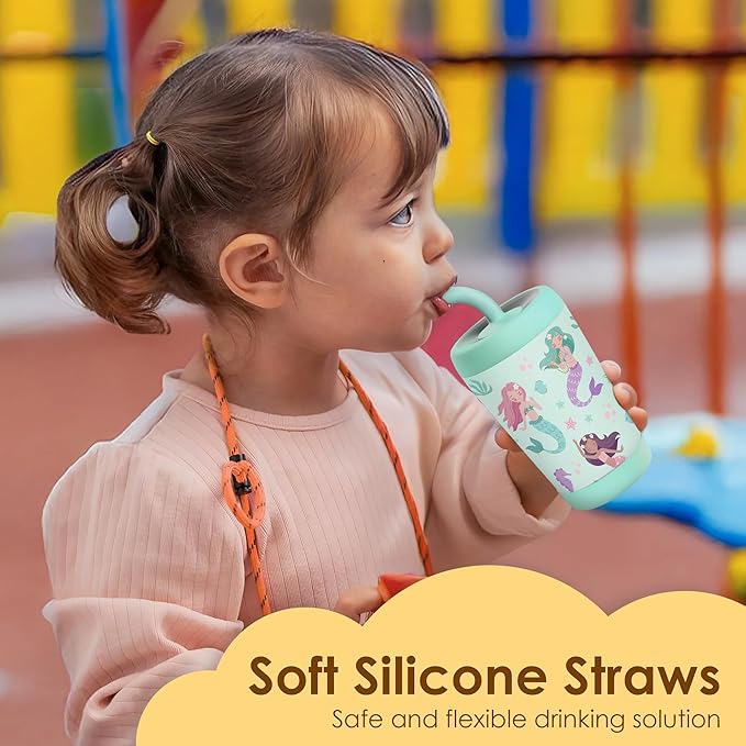 Kid Insulated Stainless Steel Tumbler with Silicone Straw, 12oz Sippy Cup for Kids (Magical Mermaids)-CubbioJoy