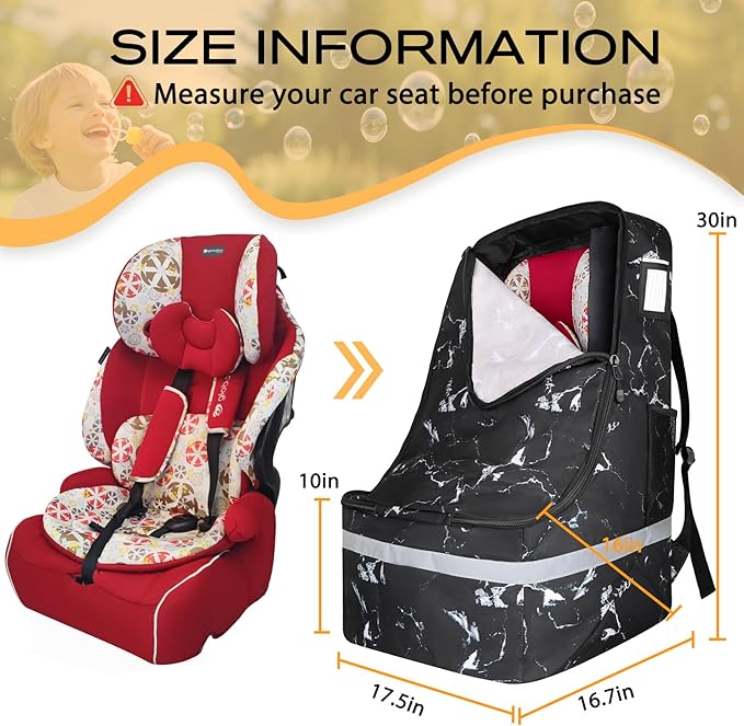 Car Seat Travel Bag for Airplane,Infant Seat Travel Bag with Shoulder Strap,Padded Car Seats Backpack with Reflective Stripes,Large Carseat Carrier Bag Travel Car Seat Cover, Black marble-CubbioJoy