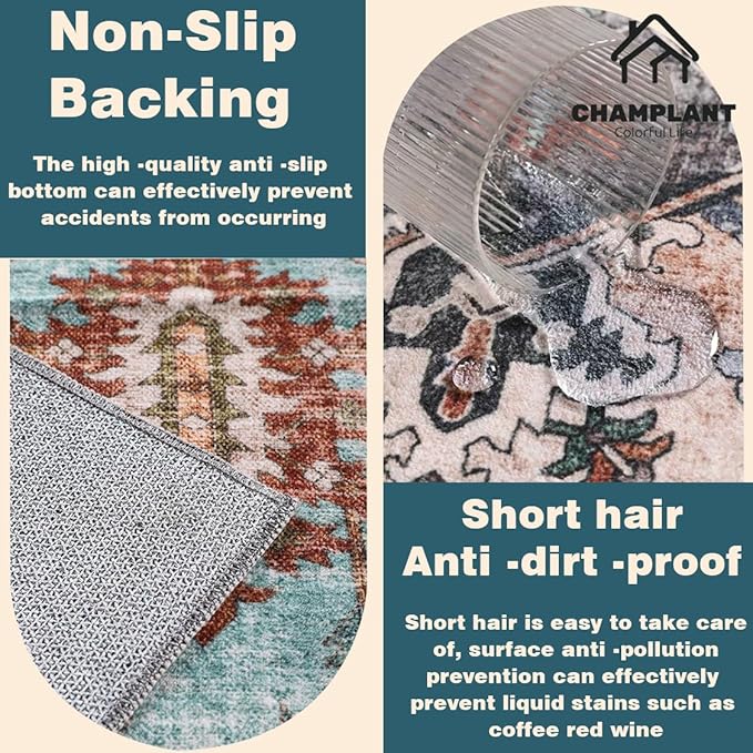 Area Washable Rug 5'x7' Red Blue Washable Vintage Traditional Floor Cover Thin Rug Retro Kitchen Indoor Distressed Non Slip Carpet Floral Print Mat Living Room Bedroom Dining Room-CubbioJoy