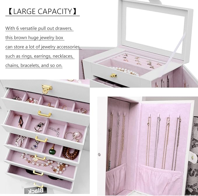 AKOZLIN Extra Large 6-Tier Jewelry Box Organizer with Mirror, 5 Drawers Leather Jewelry Storage Case for Women Girls Ring Necklace Earring Bracelet White-CubbioJoy