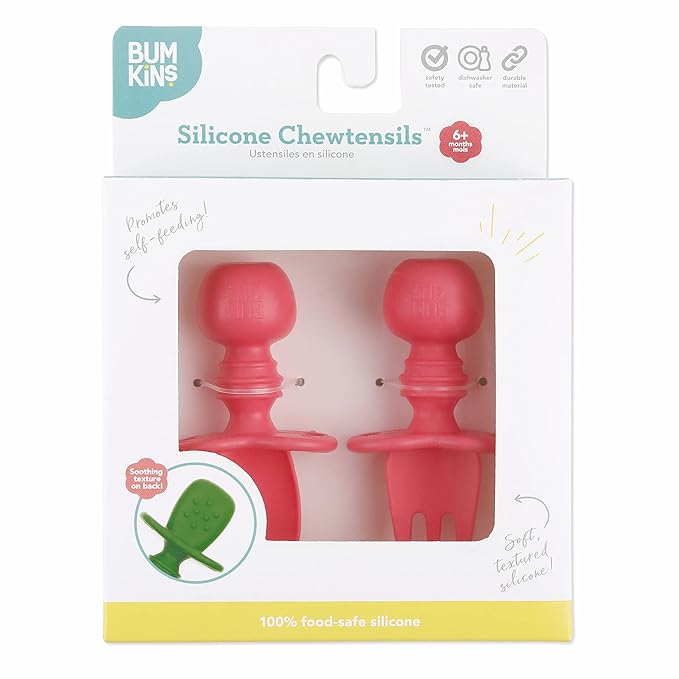 Bumkins Baby Utensils Set, Chewtensils Silicone Spoons for Dipping, Self-Feeding, Baby Led Weaning, Trainer Learning, First Stage Eating, Soft Practice Fork and Spoon, Babies 6 Months, Red-CubbioJoy