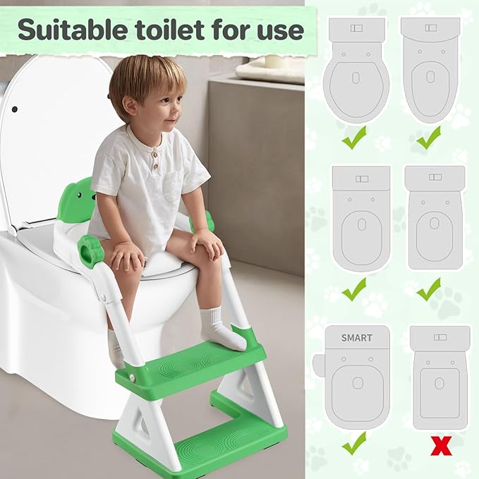 2 In 1 Potty Training Toilet Seat & Toddler Step Stool, Bottom Triangle Stability Toddler Toilet Seat, Adjustable Step & Seat Height Potty Seats (Green)-CubbioJoy
