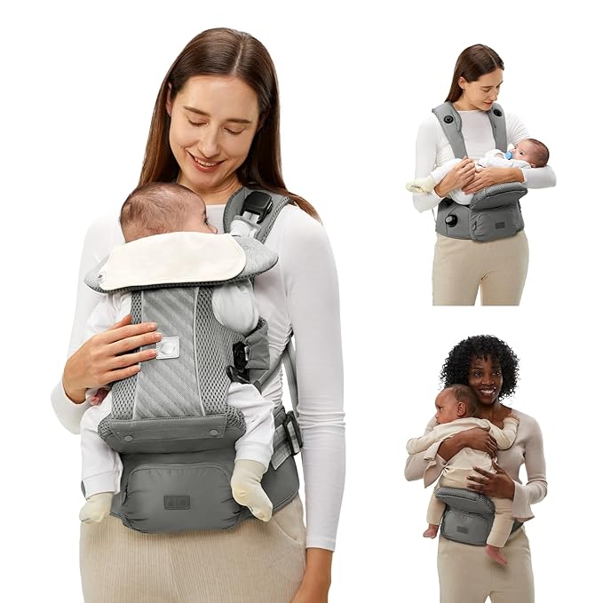 Bc Babycare Hexa Effortless Baby Carrier with Hip Seat - Ergonomic Toddler Carrier (13.2-33 lbs), Adjustable Slide Lock & Knob, Hip-Healthy Design for Parent's Back Relief, Gray-CubbioJoy