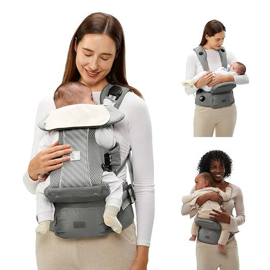 Bc Babycare Hexa Effortless Baby Carrier with Hip Seat - Ergonomic Toddler Carrier (13.2-33 lbs), Adjustable Slide Lock & Knob, Hip-Healthy Design for Parent's Back Relief, Gray-CubbioJoy