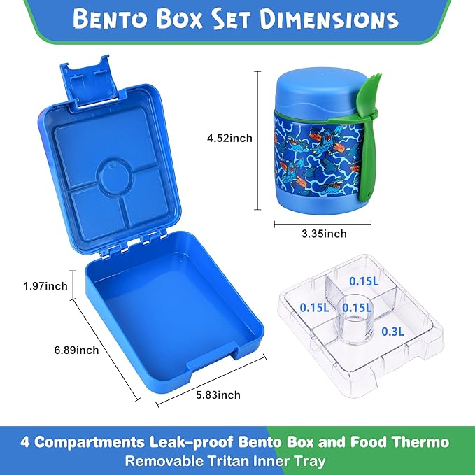 Bento Lunch Box Set With 10oz Soup Thermo, Leak-proof Lunch Containers with 4 Compartment, Kids Hot Thermo Food Jar/Insulation Lunch Bag, Food Containers for School（Shark）-CubbioJoy
