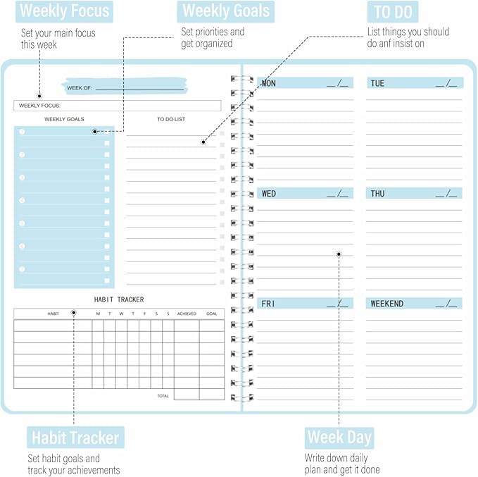 Undated Weekly Planner, Weekly To Do List Notebook with Goal & Habit Tracker Organizer, A5 5.7" x 8.0" Weekly Planner Notebook with Spiral Binding for Men or Women-CubbioJoy