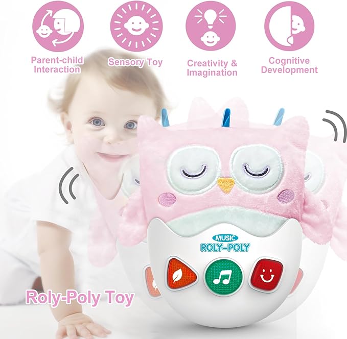 Baby Toys 0-6-12 Months, Plush Owl Stuffed Animal Musical Toys with Light & Sounds, Infant Roly-Poly Sensory Birthday Easter Egg Gift for Newborn Boys & Girls-CubbioJoy