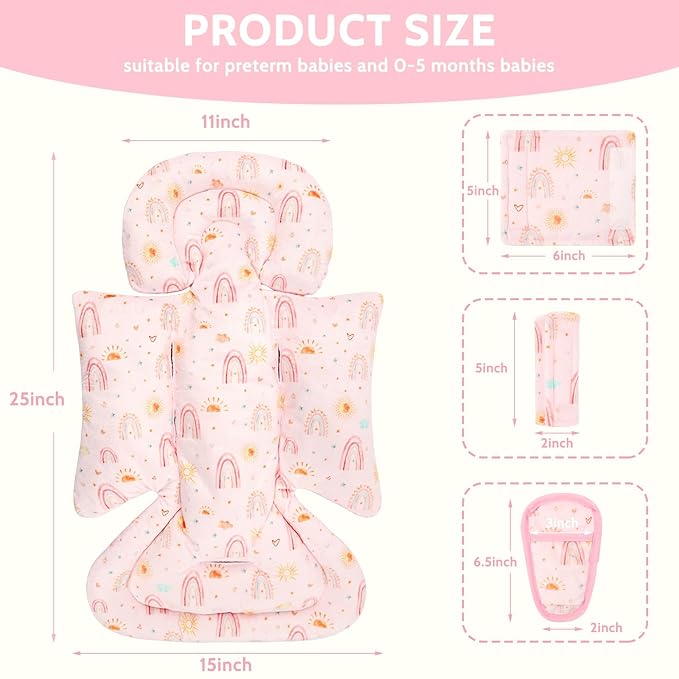 Infant Car Seat Insert and Strap Covers, Very Soft Car Seat Head Support Baby Girl Boy, Reversible Newborn Carseat Insert Cushion Fits for Stroller, Baby Swing, Bouncer (Pink Rainbow)-CubbioJoy