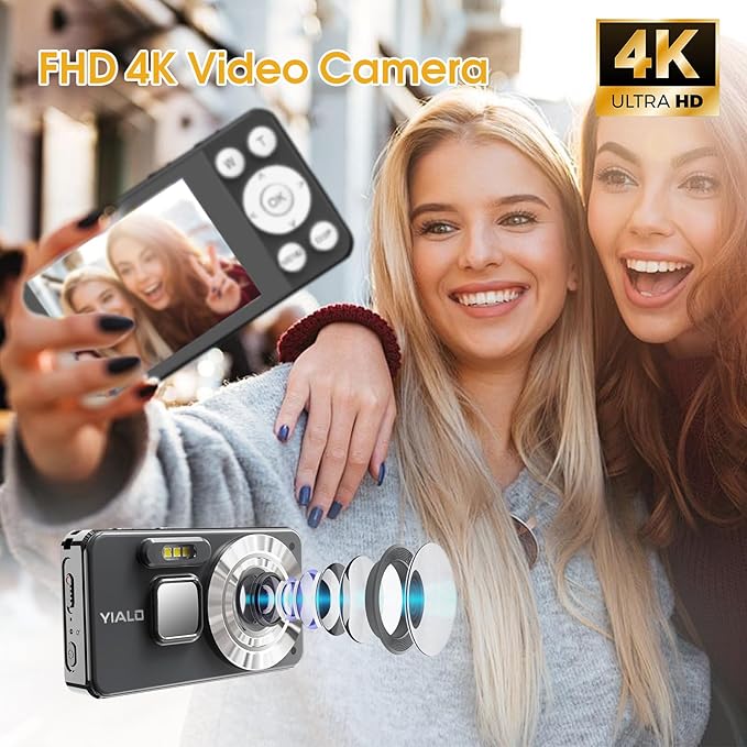 4K Digital Camera for Teens, FHD 64MP Digital Camera for Kids with 64GB SD Card, 18X Digital Zoom Cameras for Photography, Point and Shoot Video Camera for Kids, Black-CubbioJoy
