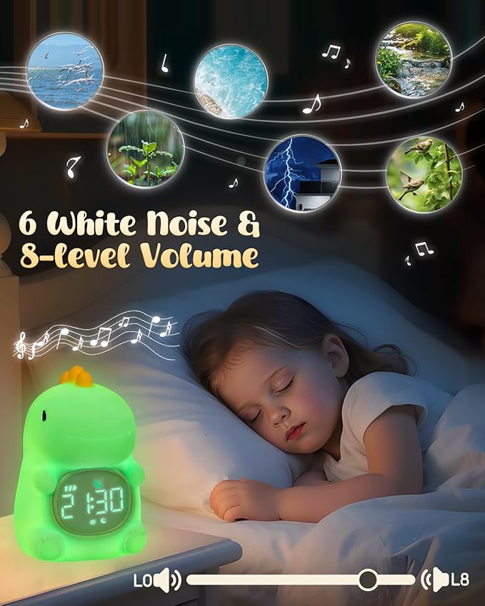 Dinosaus Alarm Clock for Kids with Night Light, Sleep Training Clock Time to Wake Clock, Rechargeable Silicone Light for Bedroom, Perfect Sleep Companion for Boys Girls-CubbioJoy