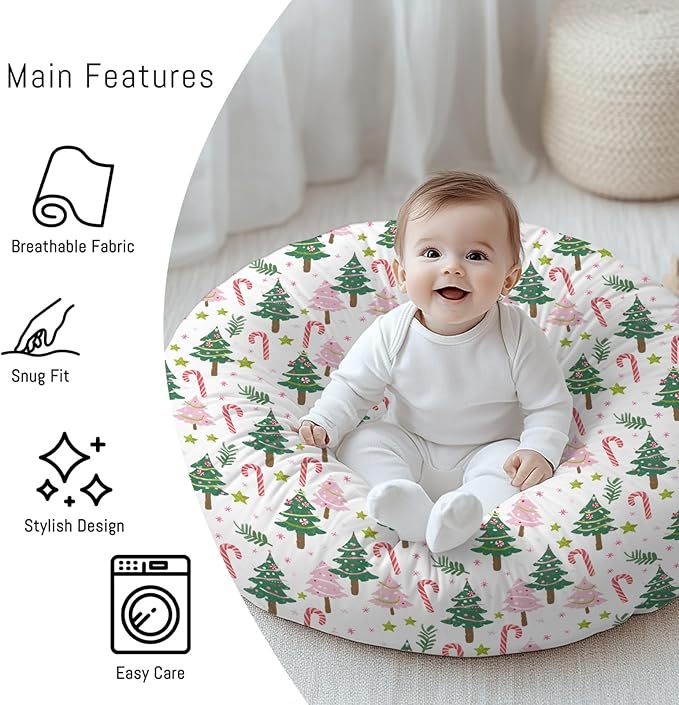 Cartoon Winter Christmas Tree Stars Leaves Pattern Baby Lounger Cover, Unisex Removable Infant Newborn Snug Fit Floorseat Sleeping Lounger Slipcover for Boys Girls Lounger Pillow, Cover Only-24*26-CubbioJoy