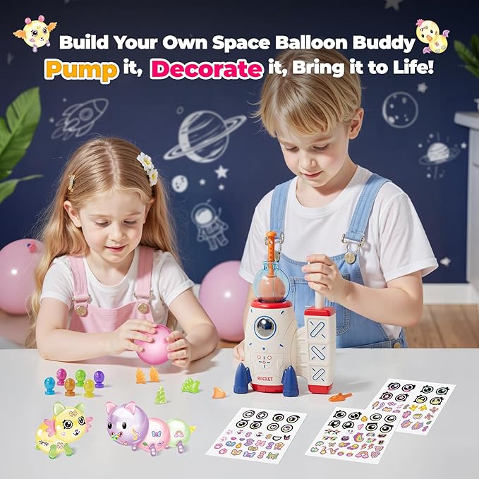 DIY Space Magic Balloon Craft Kit, Sticker Decorated Balloons Toy for Kids, Rocket Air Pump Fun with Balloon Monster Pals, DIY Creative Activity, Birthday Gifts for Girls Boys Ages 3+-CubbioJoy