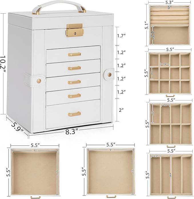 AKOZLIN 6-Tier Jewelry Box Lockable Leather Jewelry Storage Case with 5 Drawers for Women Girls Ring Necklace Earring Bracelet Holder Organizer with Mirror-CubbioJoy