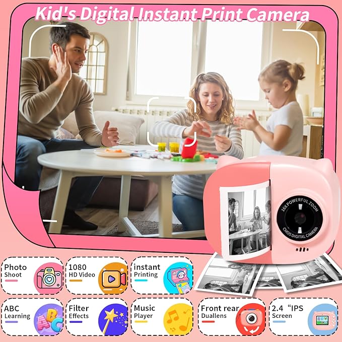 Instant Print Camera Toy for Kids, Girls Birthday Gifts for 3 4 5 6 7 8 Year Old Learning Music Story Player, 1080P HD Dual-Lens Creative Instant Camera (Pink)-CubbioJoy